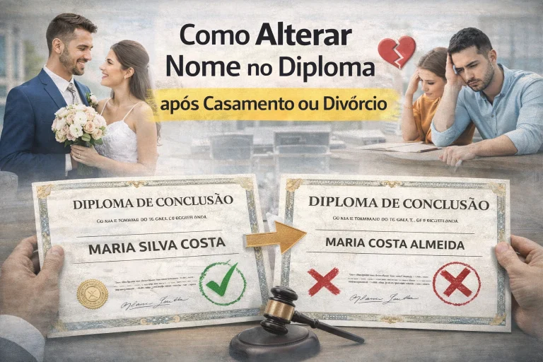 Certidão de casamento e diploma universitário sobre a mesa para alteração de nome
